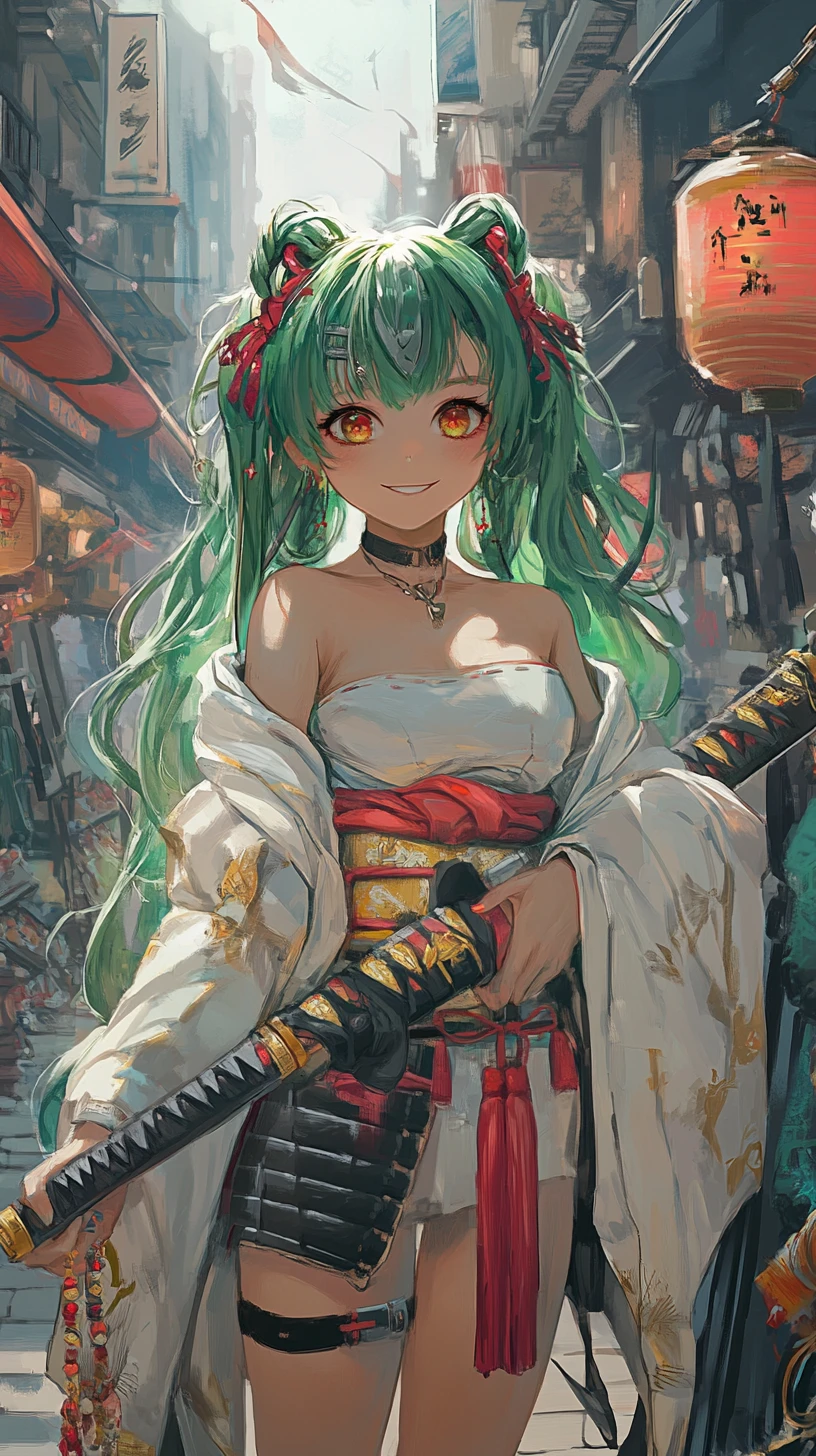 Anime girl with katana facing ghostly puppets in market hall
