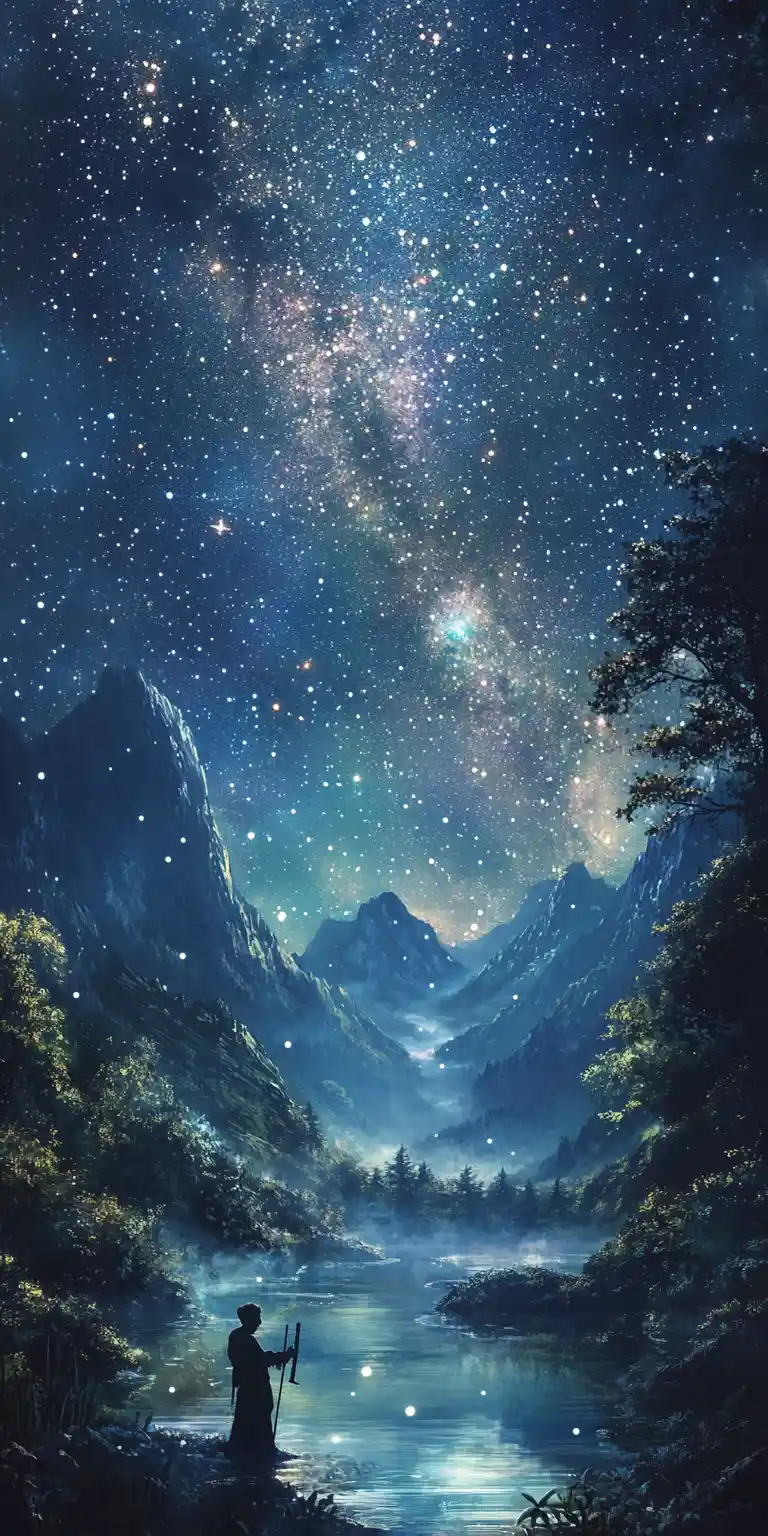 星空下霧氣河畔的牛郎與織女