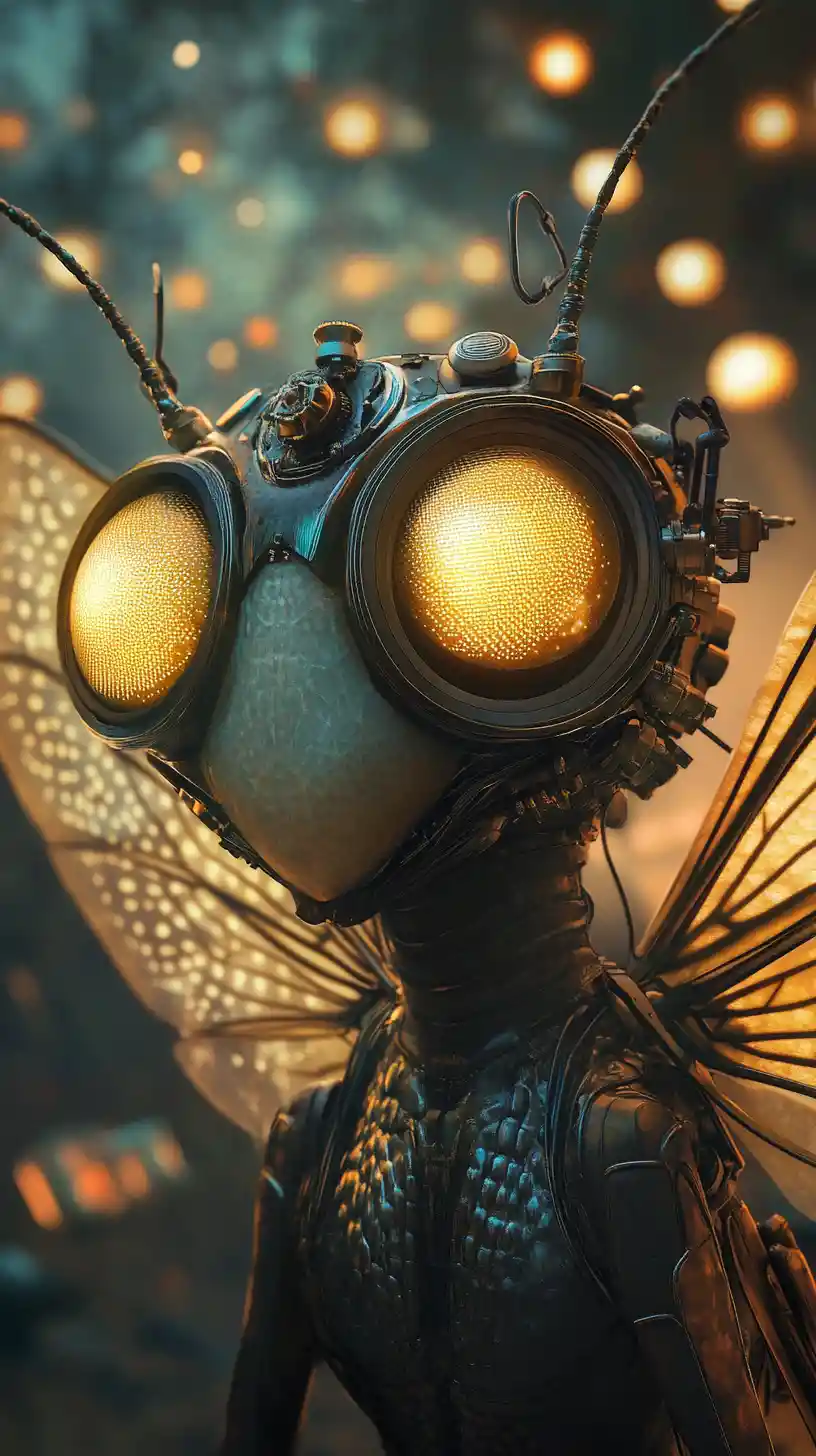 Surreal cybernetic lightning bug rising from a blurred horizon