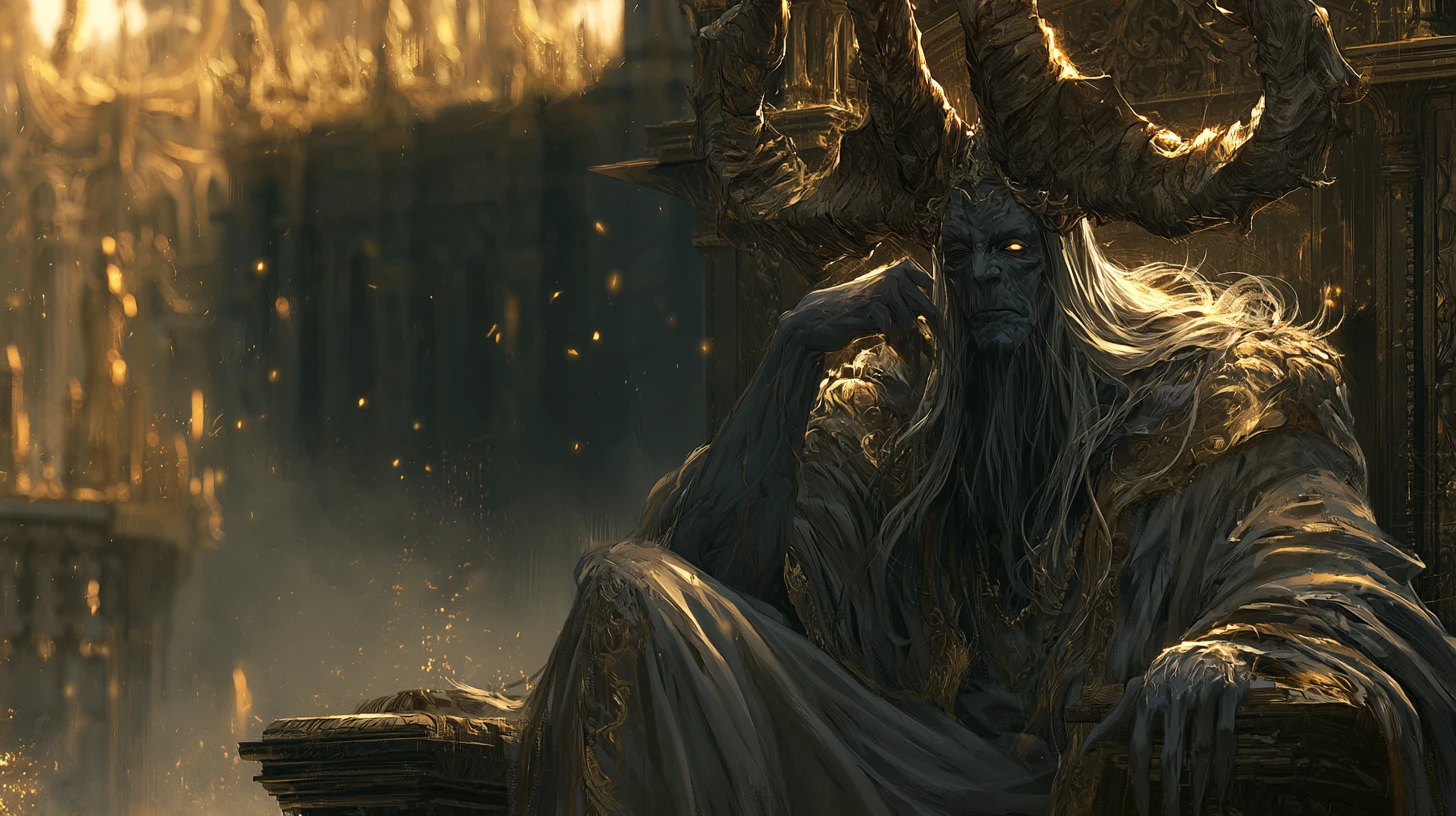 Cursed fantasy king with glowing eye in ruined golden city