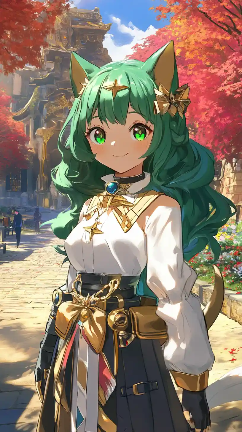 Green haired anime girl in park seen through sniper scope