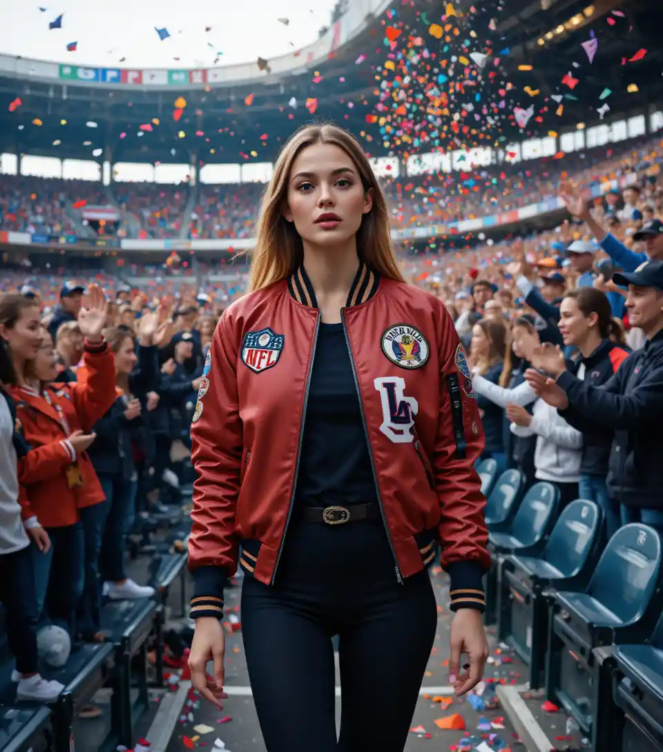 Stylish woman walking through stadium stands with cheering fans