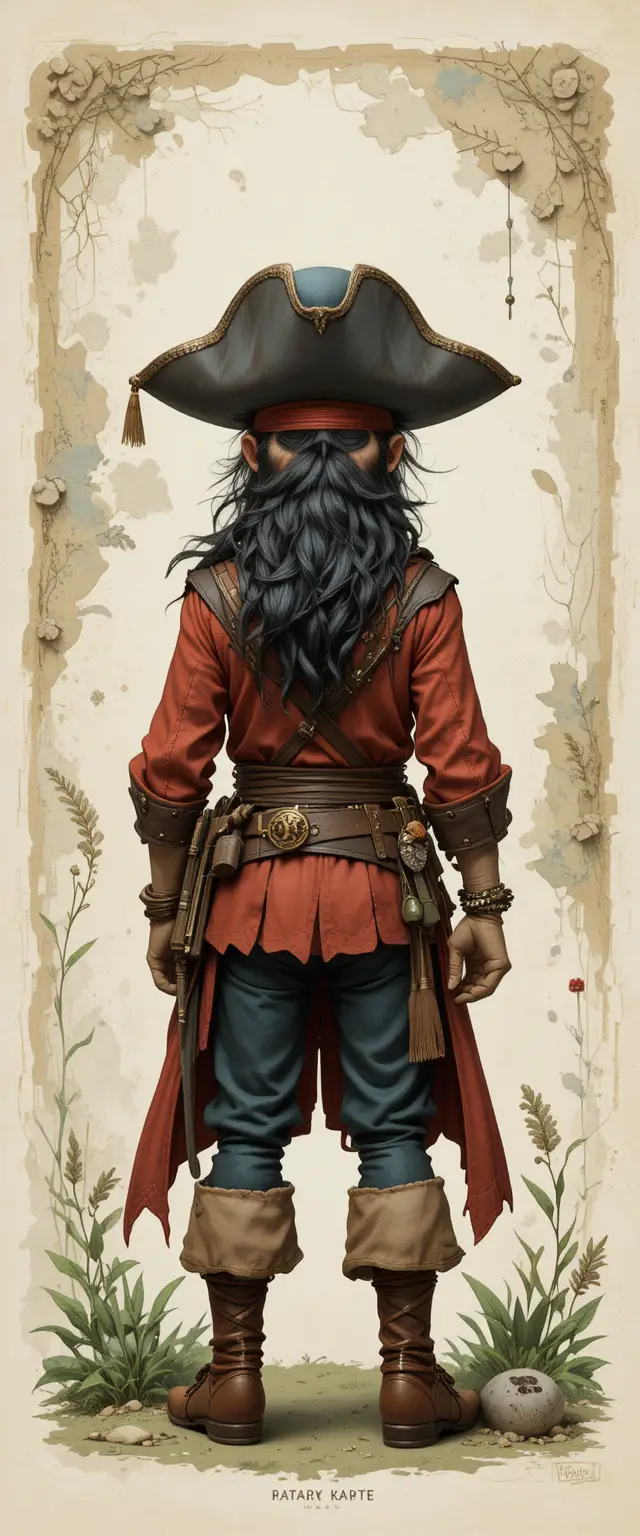 Cozy watercolor illustration of a tiny forest pirate character