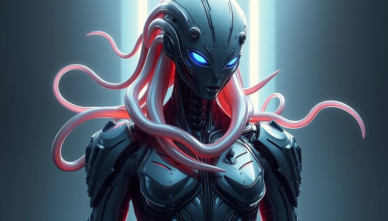 Futuristic humanoid fused with glowing latex symbiote armor