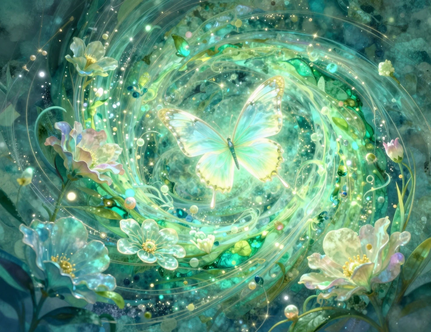 Glowing Butterfly In Swirling Green And Teal Magical Vortex