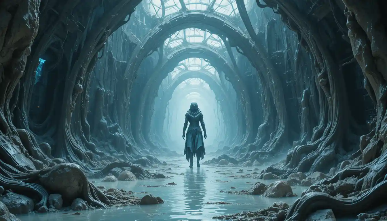 Biomorphe Latexwelt als cineastisches Game-Concept-Art gerendert