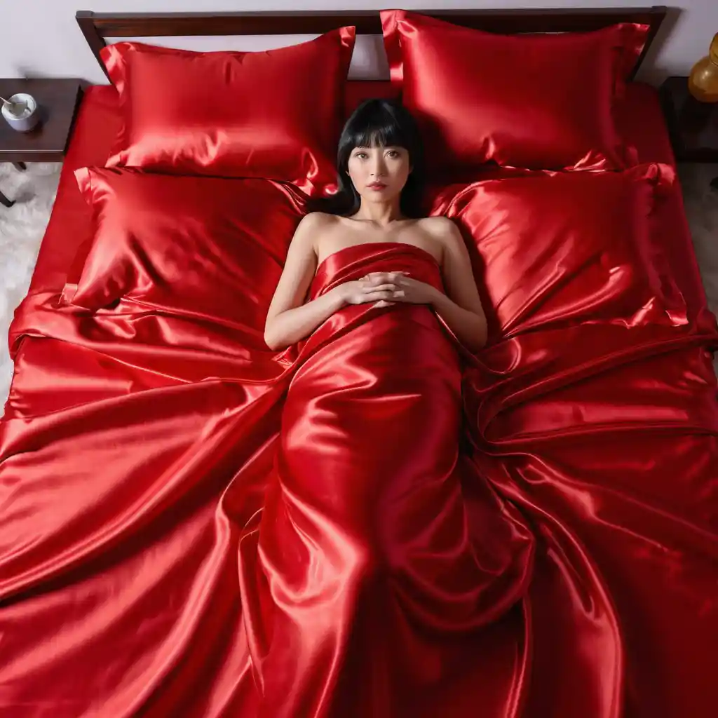 Beautiful japanese woman on red satin bed sheets