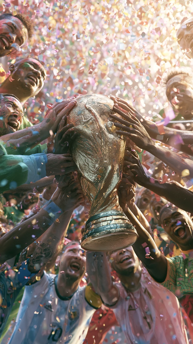 International soccer players celebrating with World Cup trophy
