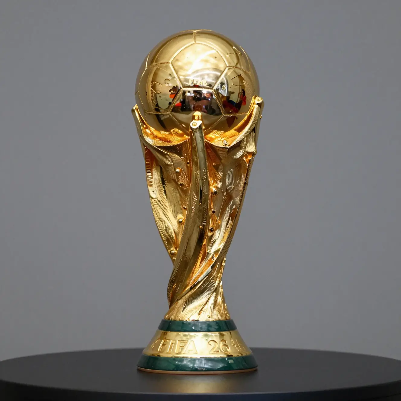 Golden World Cup style trophy on table with grey backdrop