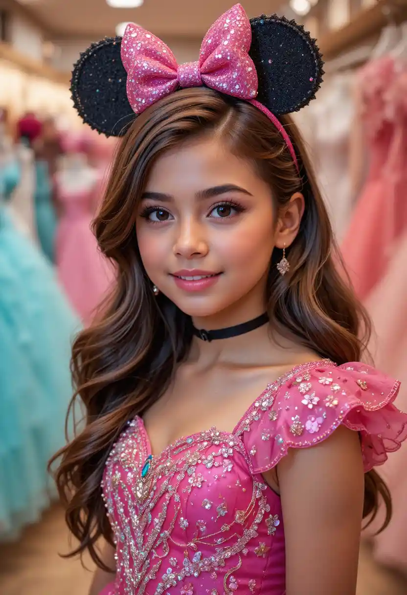 Young princess in pink minnie dress inside a boutique