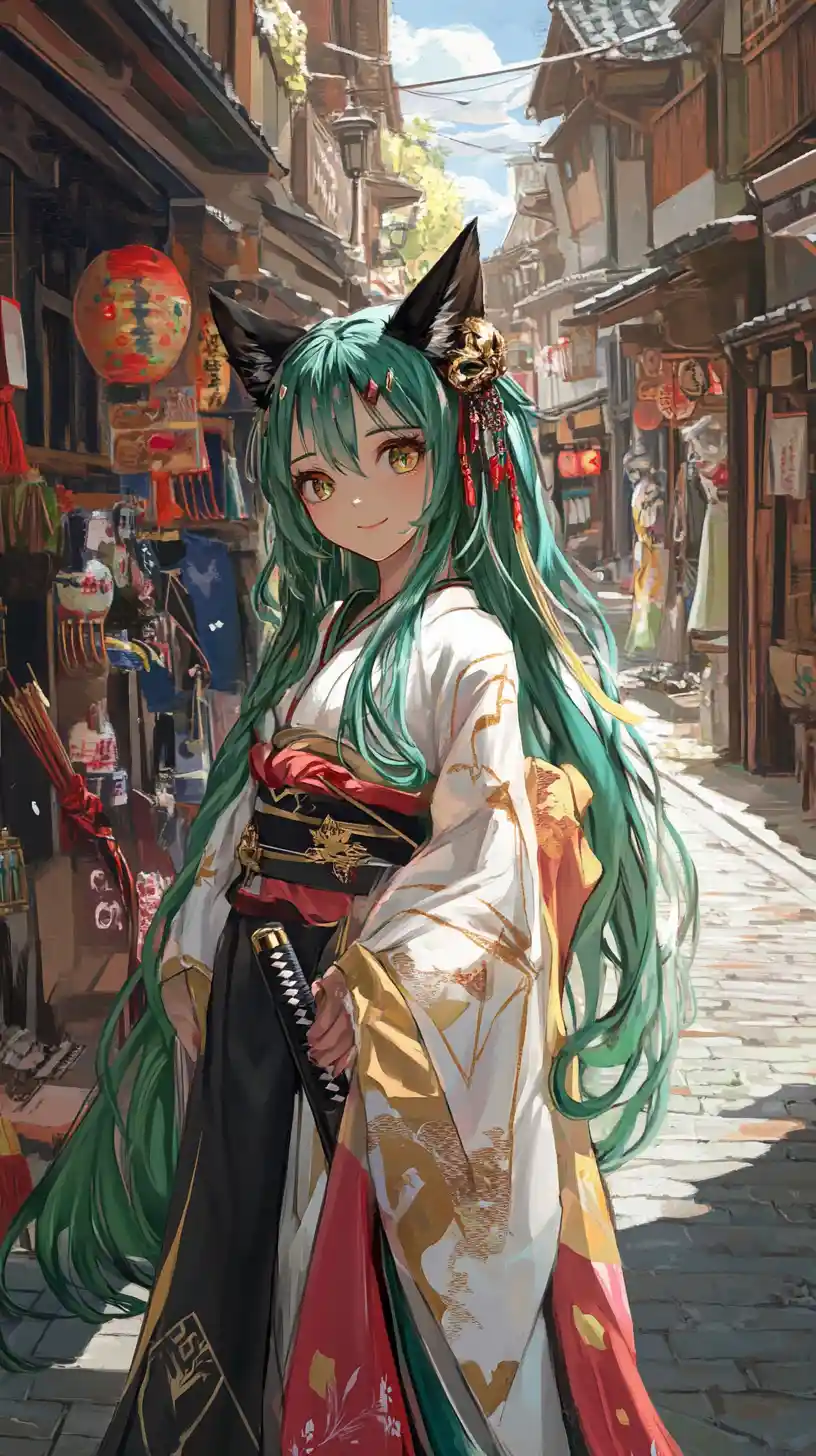 Anime girl with katana facing ghostly puppets in market