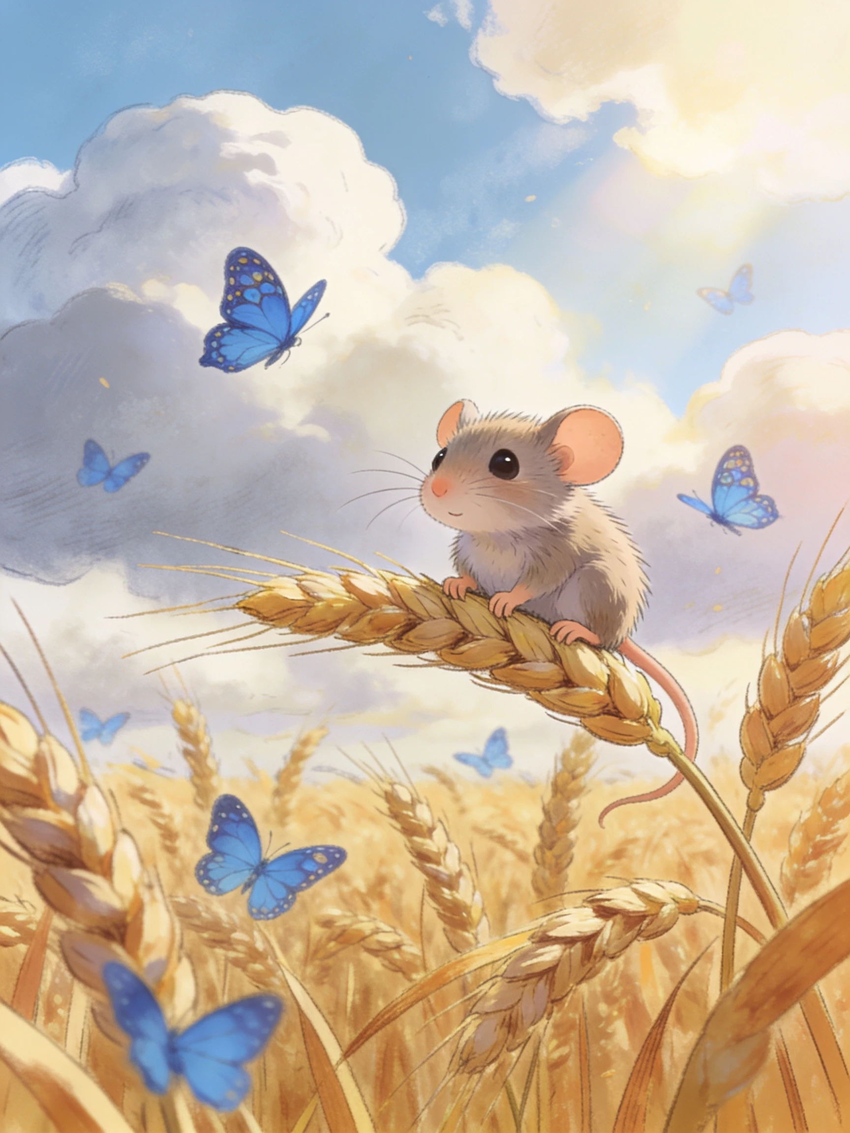 Whimsical mouse on wheat stalk in dreamy cartoon field