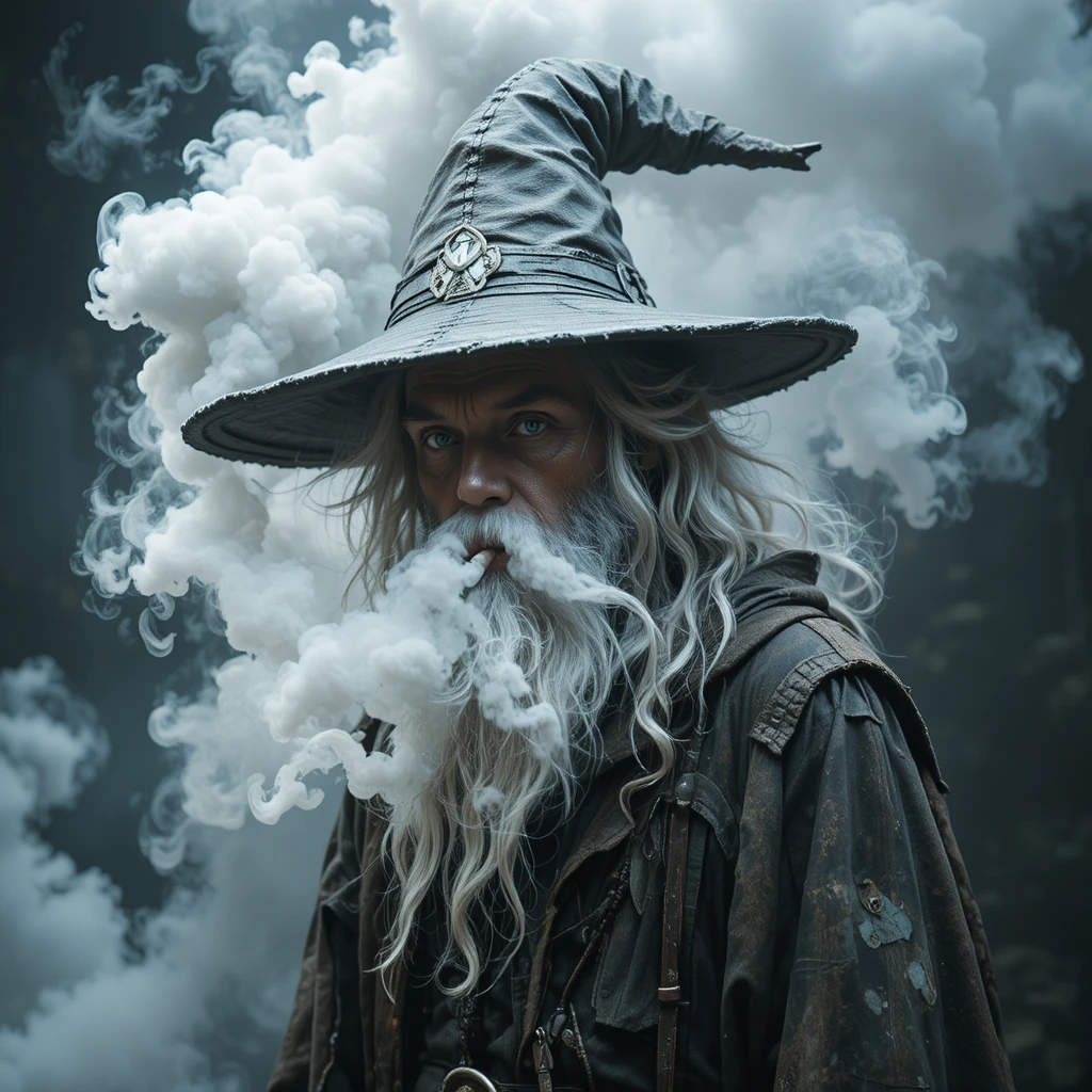 Drugged wizard smoking a joint in swirling smoke