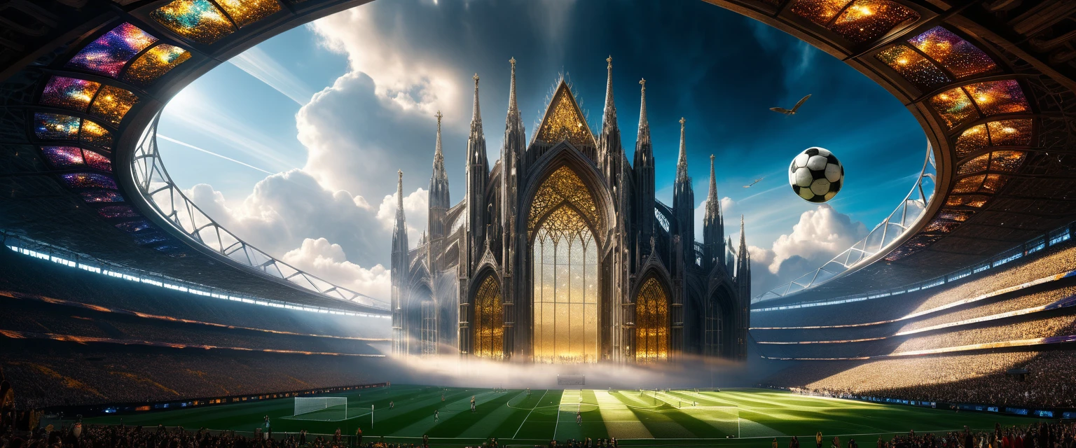 Floating soccer stadium cathedral above glowing clouds