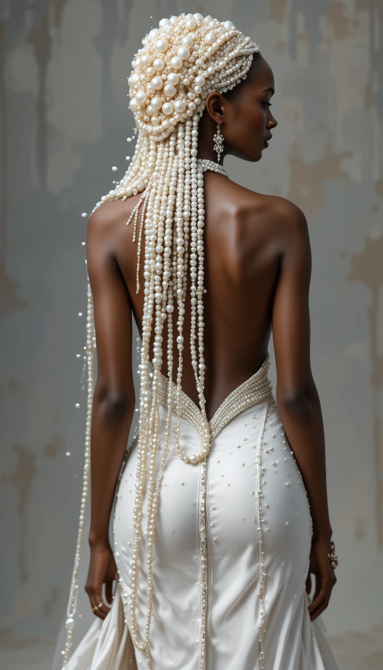 Elegant woman with pearl adorned white hair in rear view