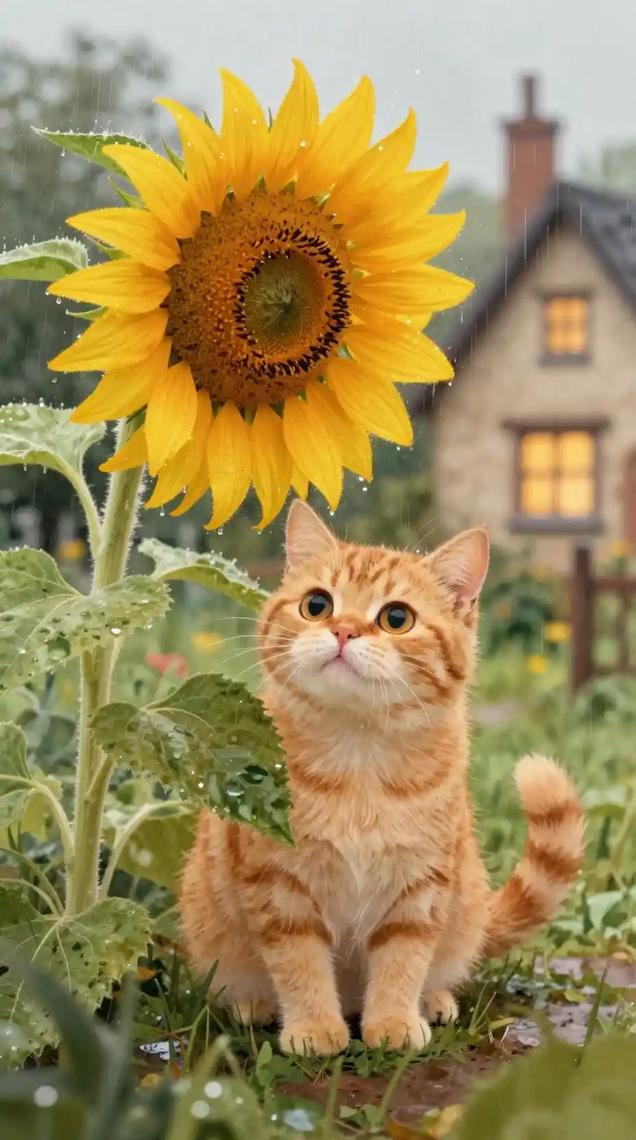 Gatto al Riparo Sotto un Girasole in un Accogliente Giardino Rustico