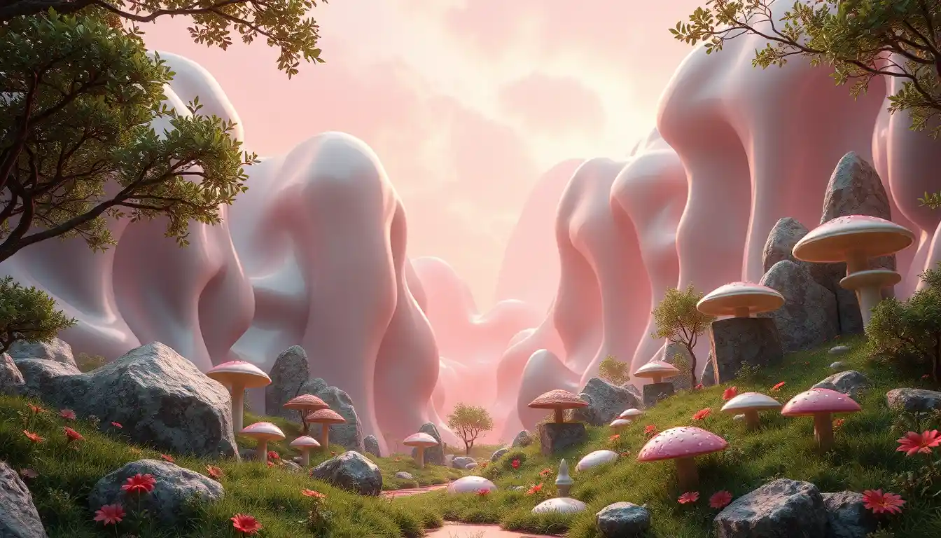 Surreal landscape of living latex trees mountains and creatures