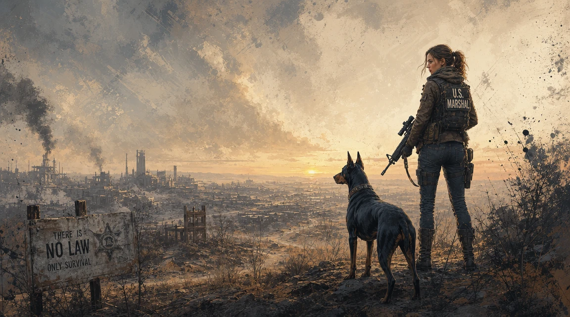 Young marshal and doberman in post apocalyptic wasteland