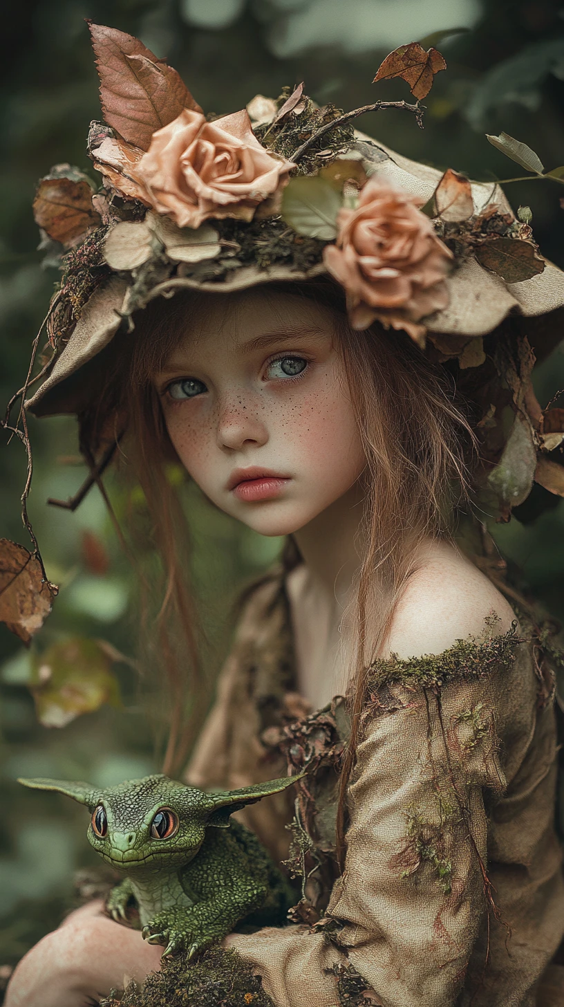 Melancholic forest child holding a tiny green dragon