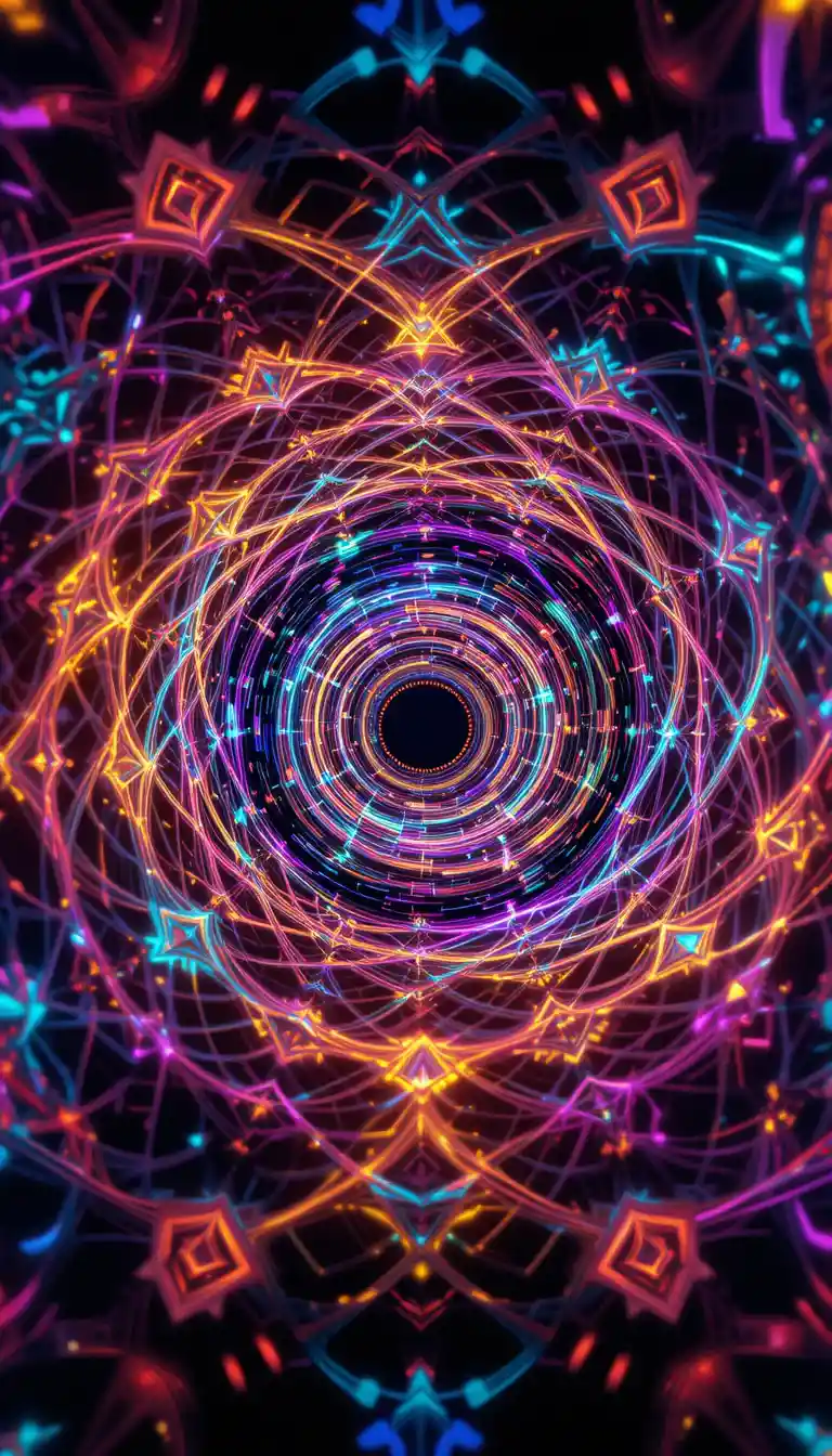 Tunnel Spirale Néon Hypnotique aux Motifs Fractals Psychédéliques