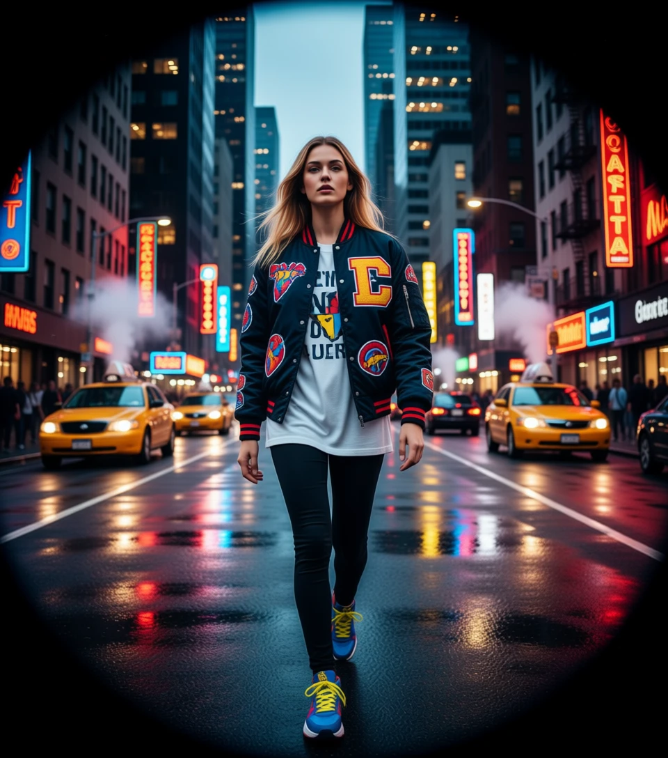 Confident young man in bold streetwear on city street