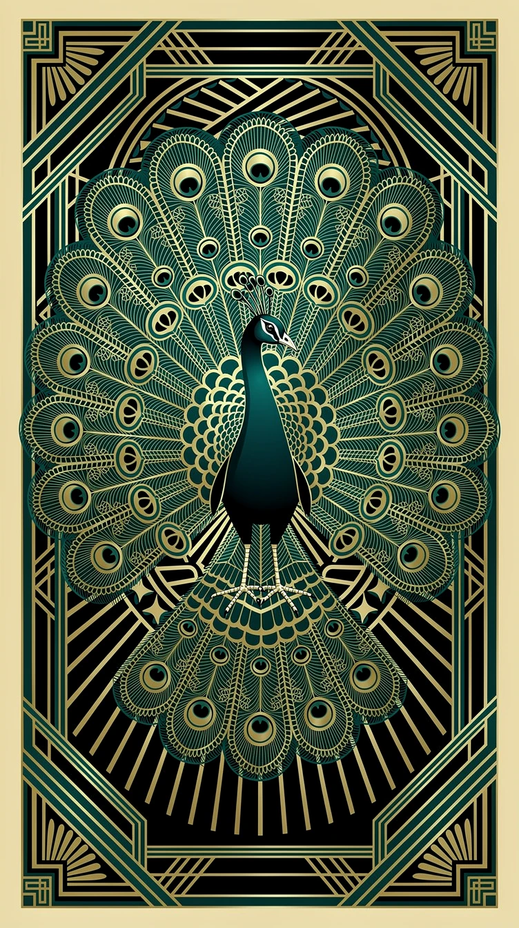 Art deco peacock with ornate geometric fan tail