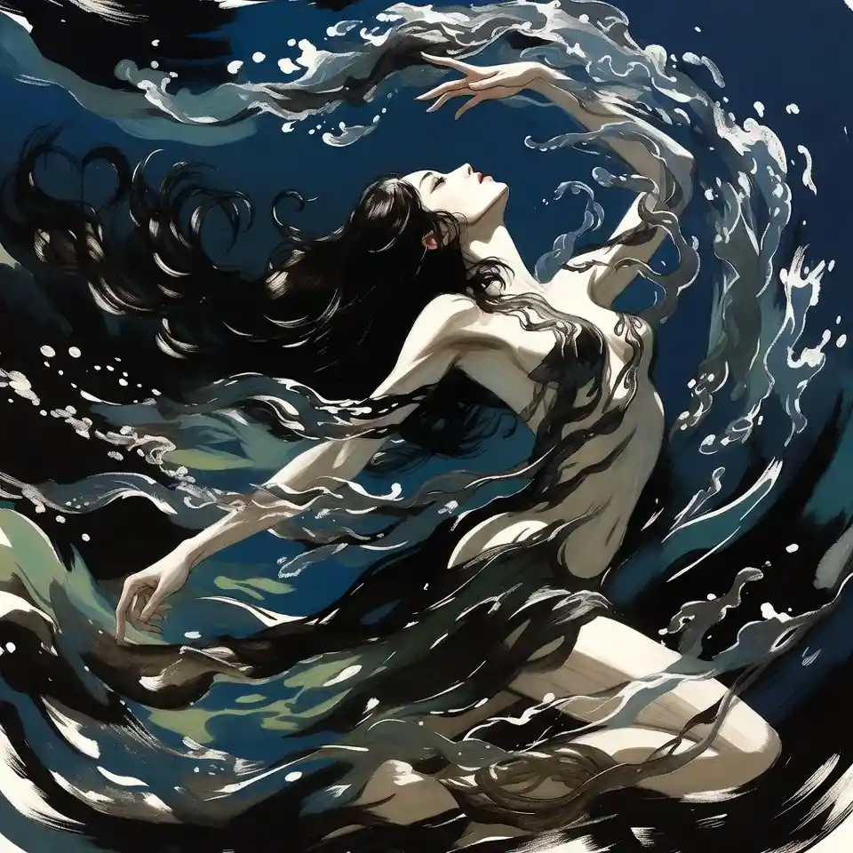 Chinese woman dancing gracefully in flowing ink and light