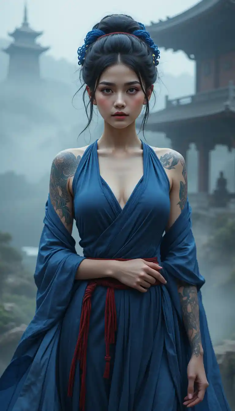 Asian woman in blue dress at misty buddhist temple