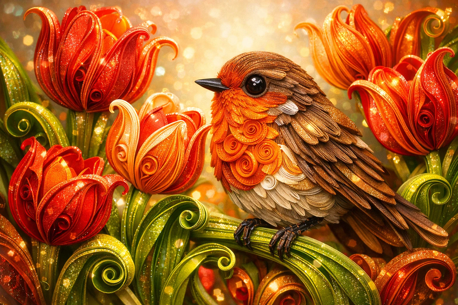 Whimsical paper bird and tulips in vibrant quilling art