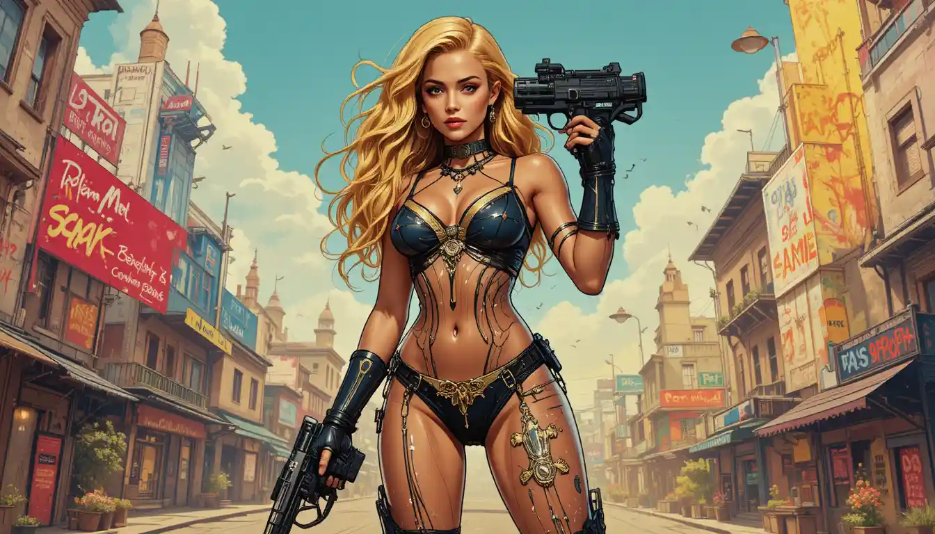 Seductive blonde pin up woman in fantasy warhammer style