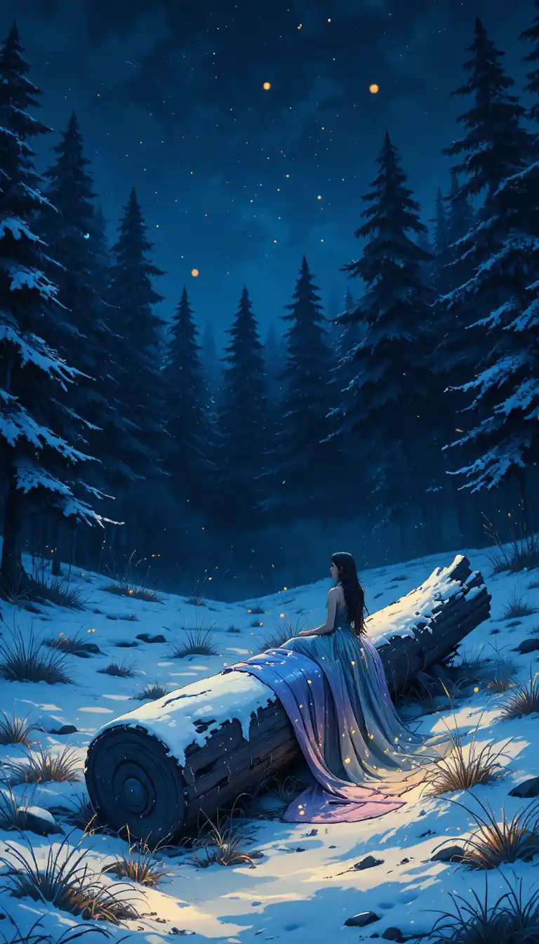 Ethereal woman on icy log in a snowy night forest