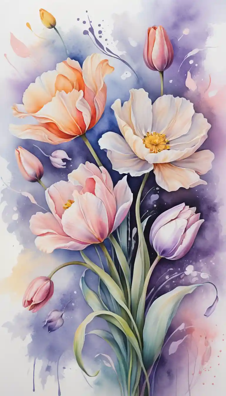 Fiori danzanti che vorticano in una soffice aria perlata pastello