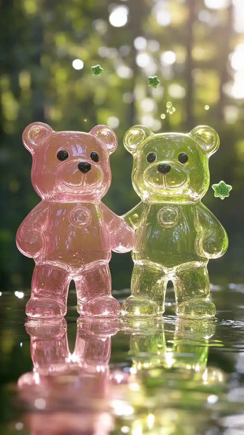 Cute gummy bear couple holding hands in a glowing forest