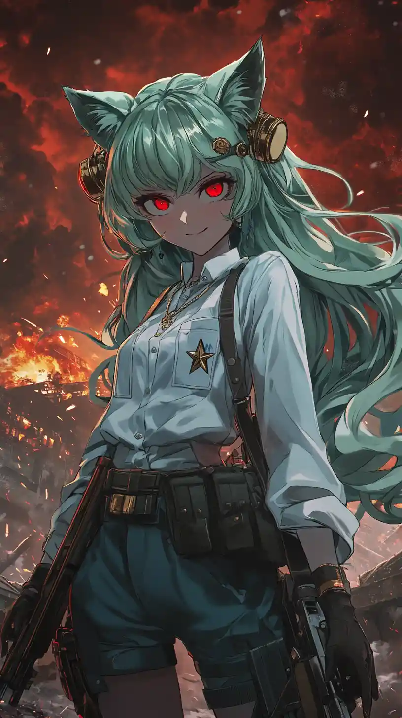 Armed anime girl in a ruined war zone battlefield