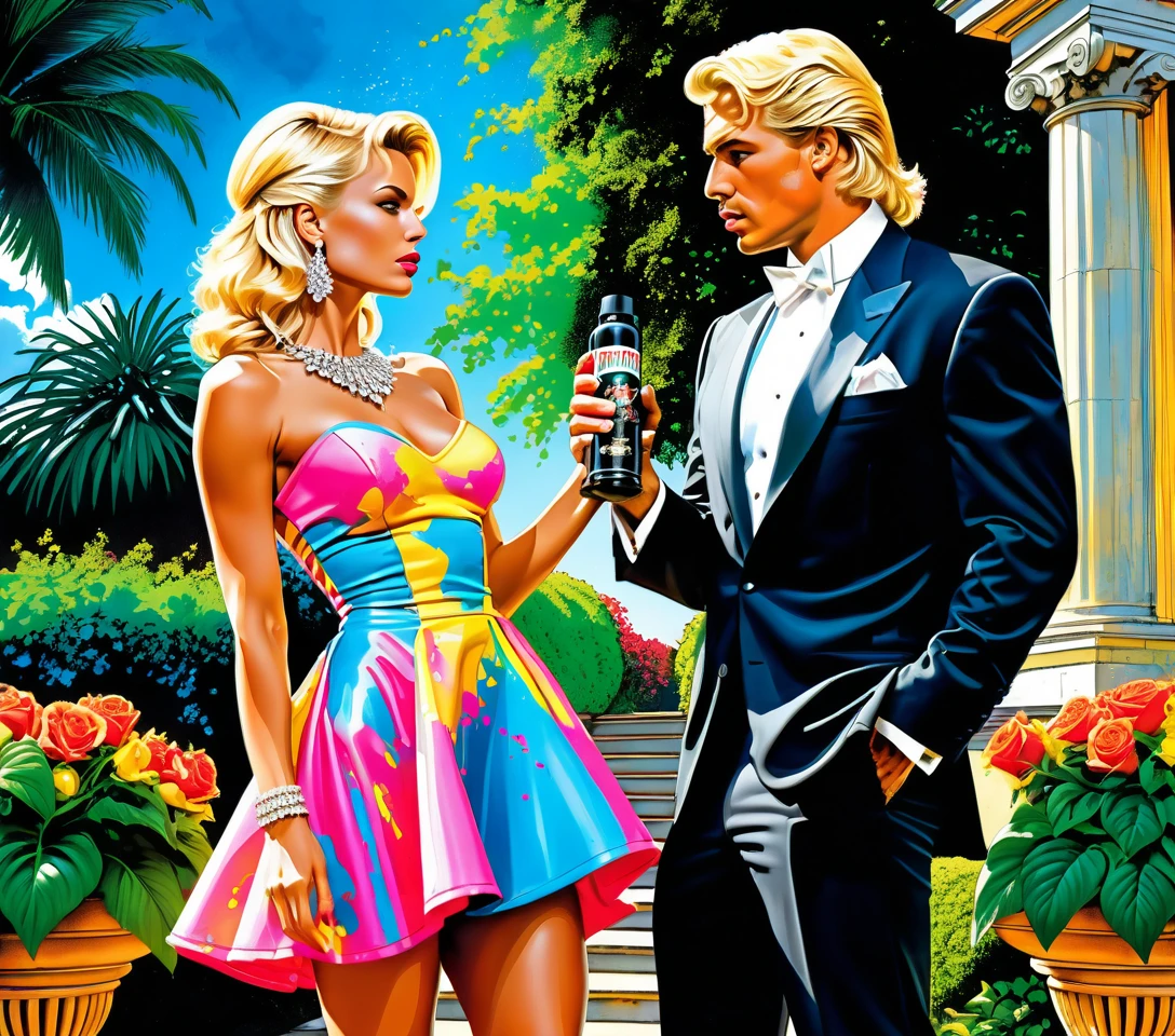 Blonde fashion woman posing in neon garden evening scene