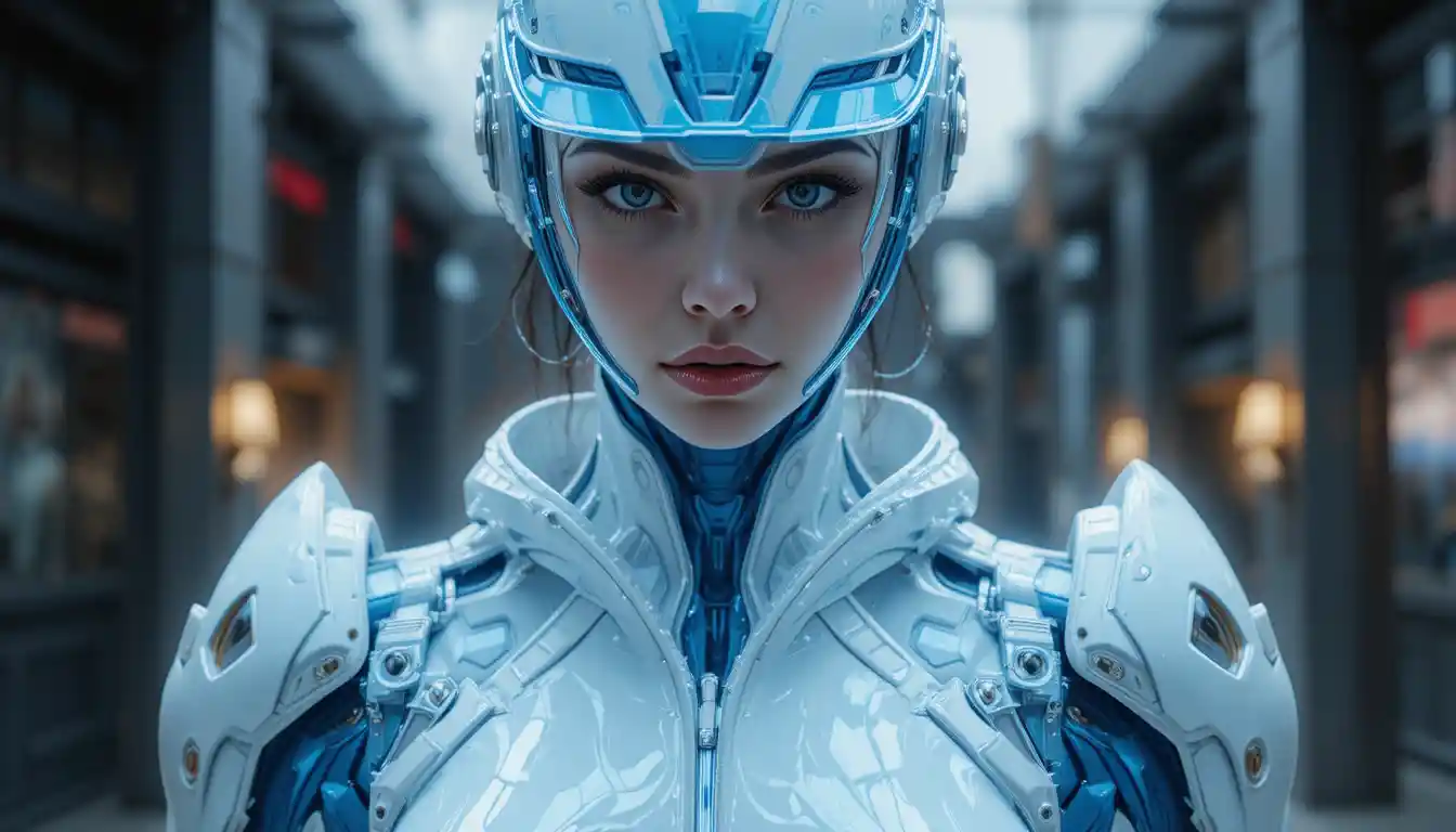 Futuristic latex armored police woman in full body view