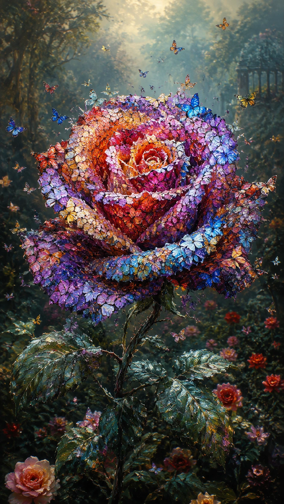 Rosa di farfalle iridescenti in un giardino mistico