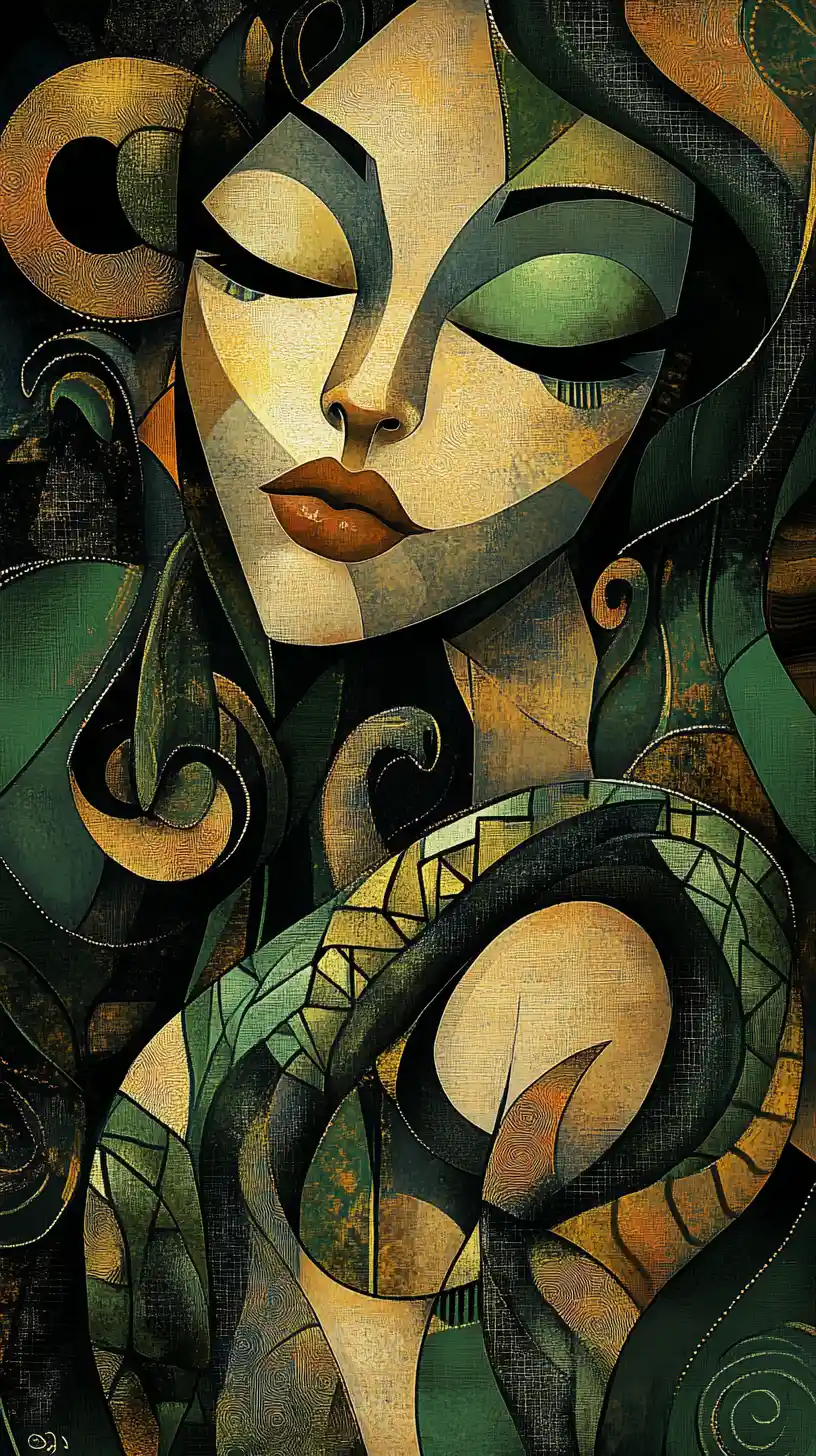 Abstract cubist woman with coiling snake and floral patterns
