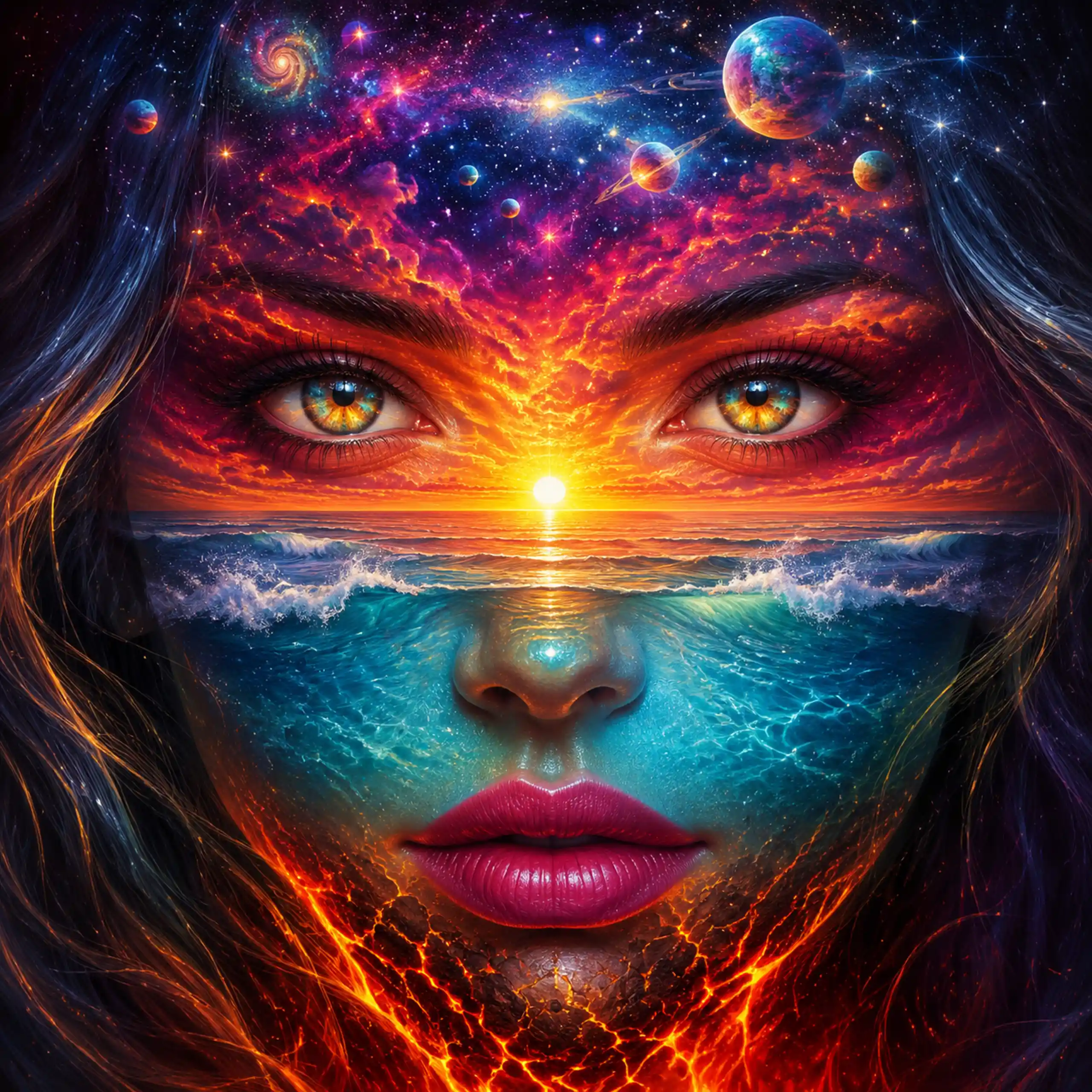 Surreal cosmic portrait of a woman fused with vivid landscapes