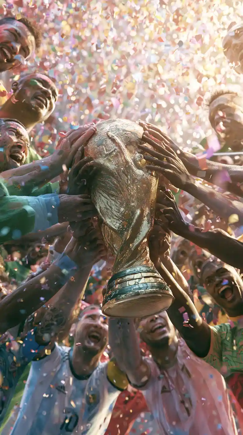 International soccer players celebrating with World Cup trophy