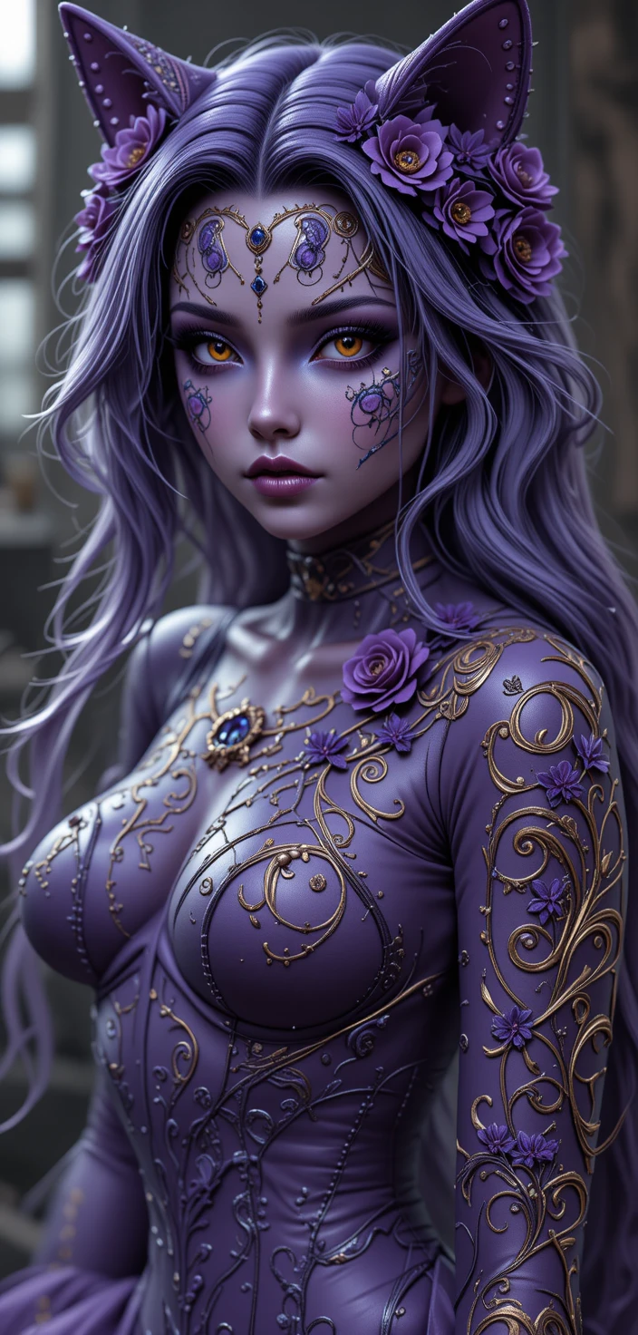 Fantasy feline maiden with ornate fur boots and runes
