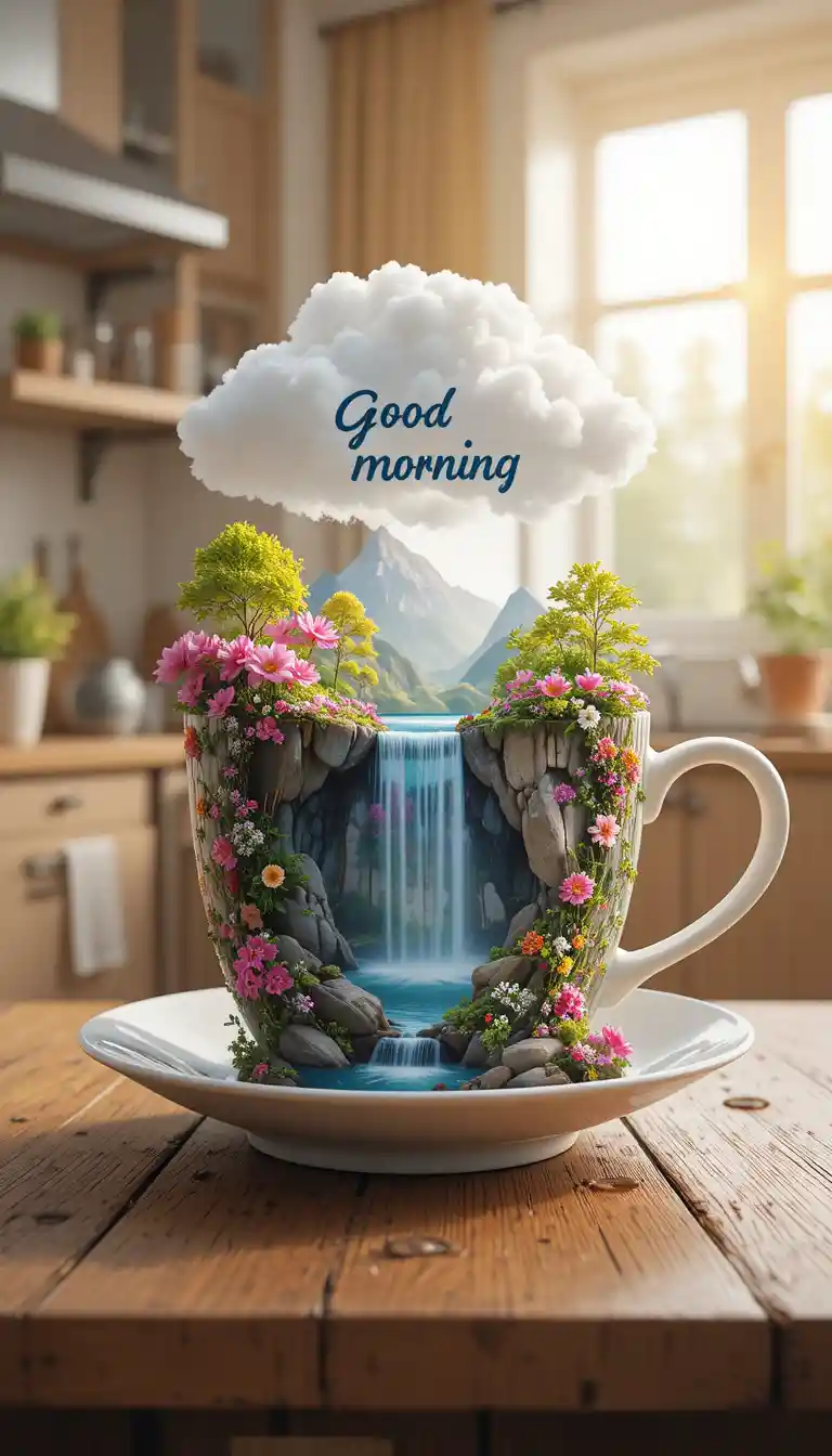 Close up 3D teacup with waterfall and morning cloud