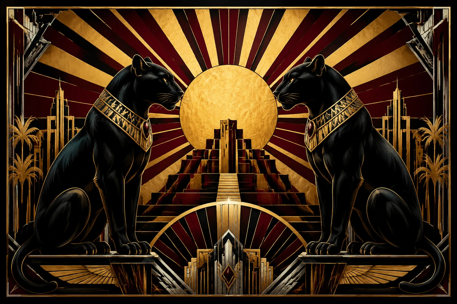 Two black panthers in symmetrical art deco poster design