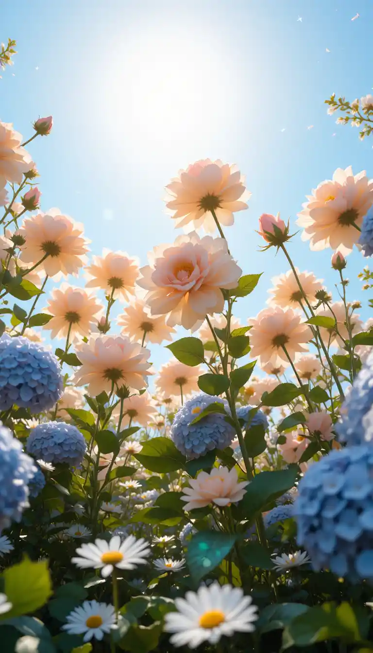 Low angle view of glowing roses in a spring garden