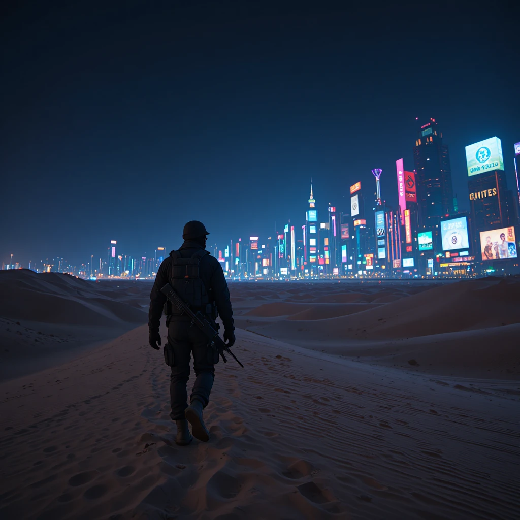 Lone soldier walking through midnight desert toward distant city