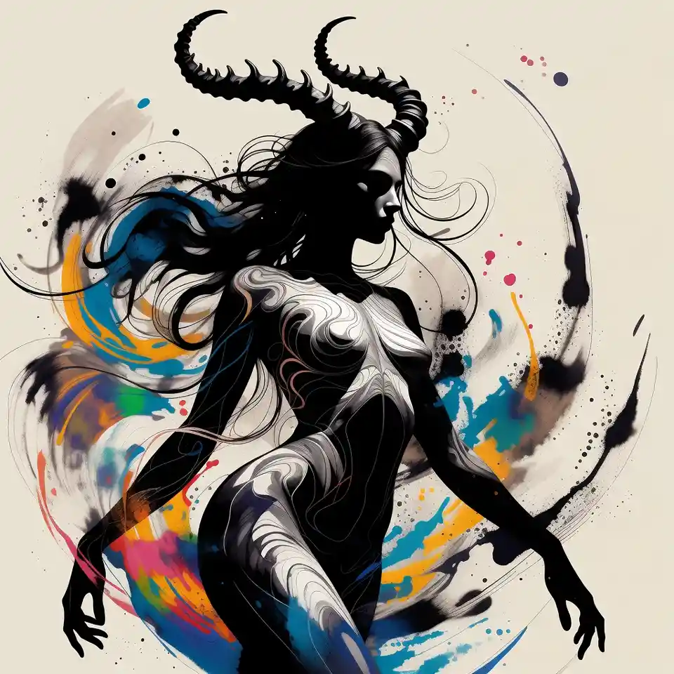 Graceful horned succubus moving through swirling colored light