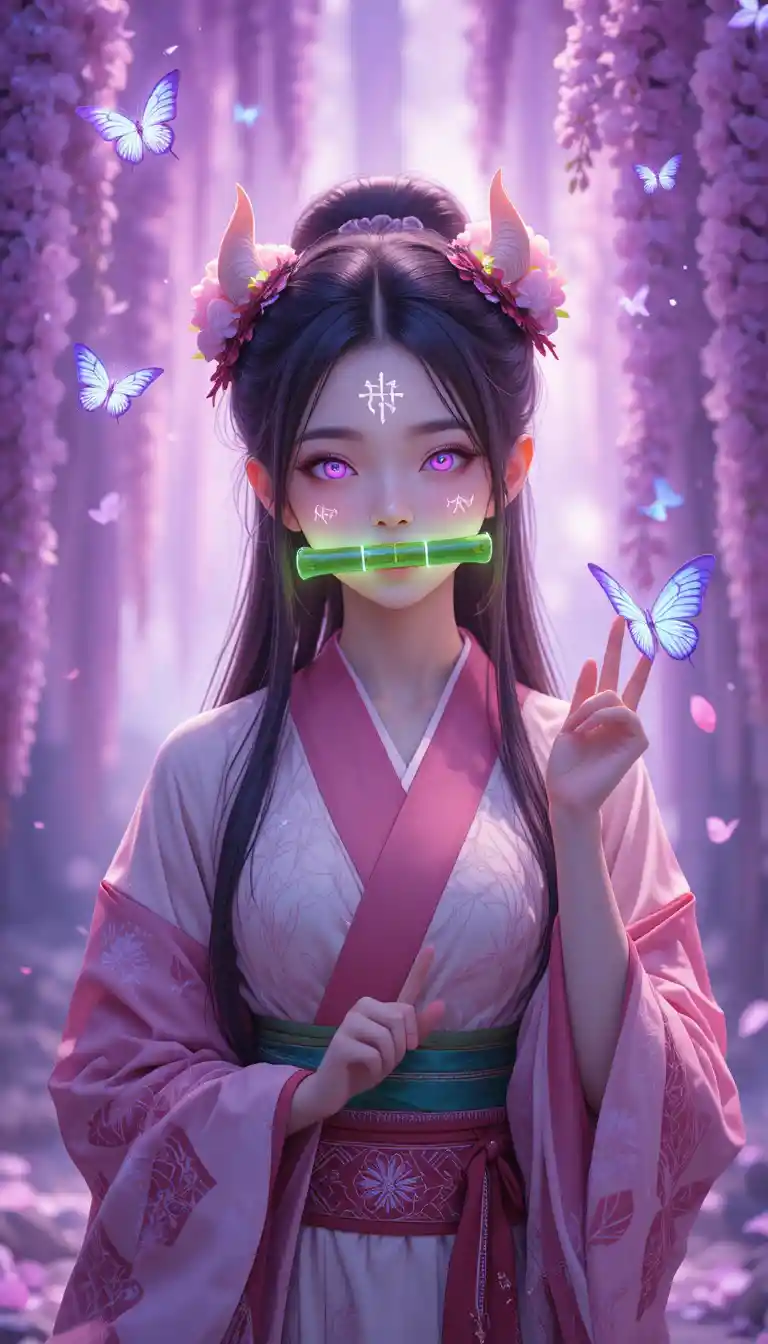 Anime demon girl with glowing runes and bamboo gag