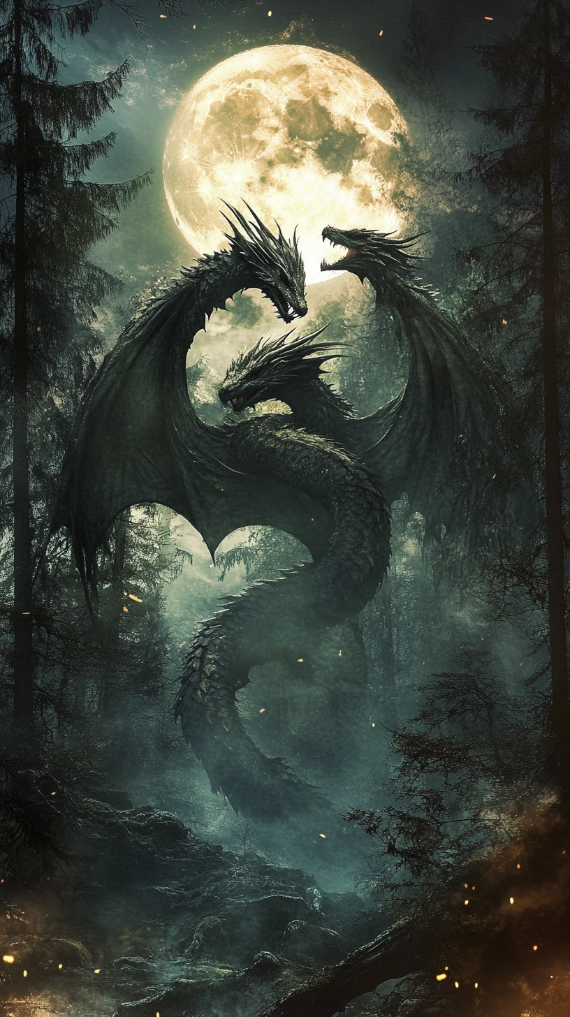 Multi headed dragon under a full moon in dark forest