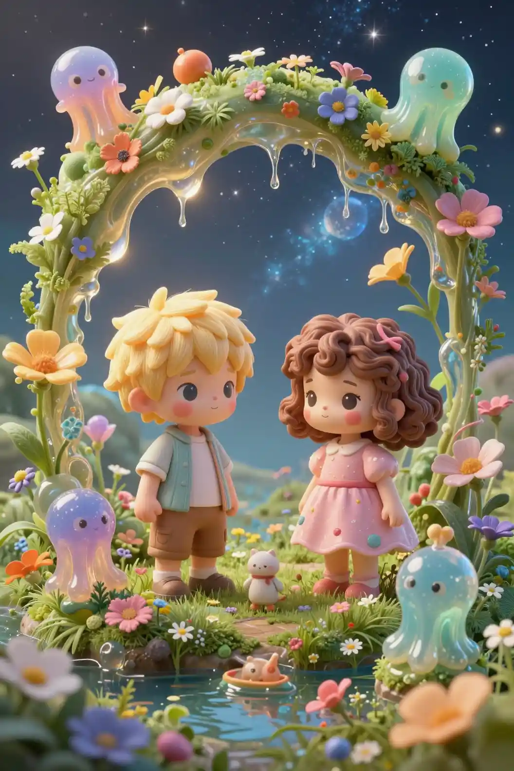 Verspielte Collagenwelt mit chibiartigen Bauernkindern in einer Gelee-Landschaft
