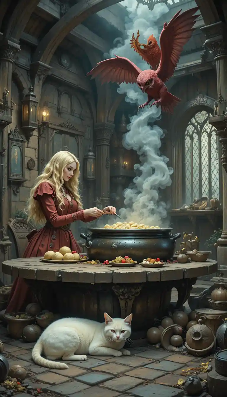 Joven bruja cocinando dumplings en un caldero gigante